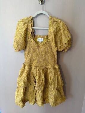 Cleobella Yellow Smocked Puff-Sleeve Mini Dress